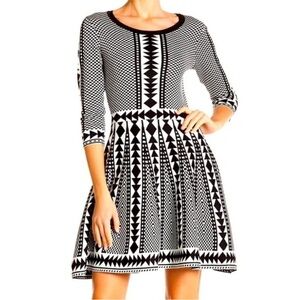 Nina Leonard Black and White Geometric Long Sleeve Dress